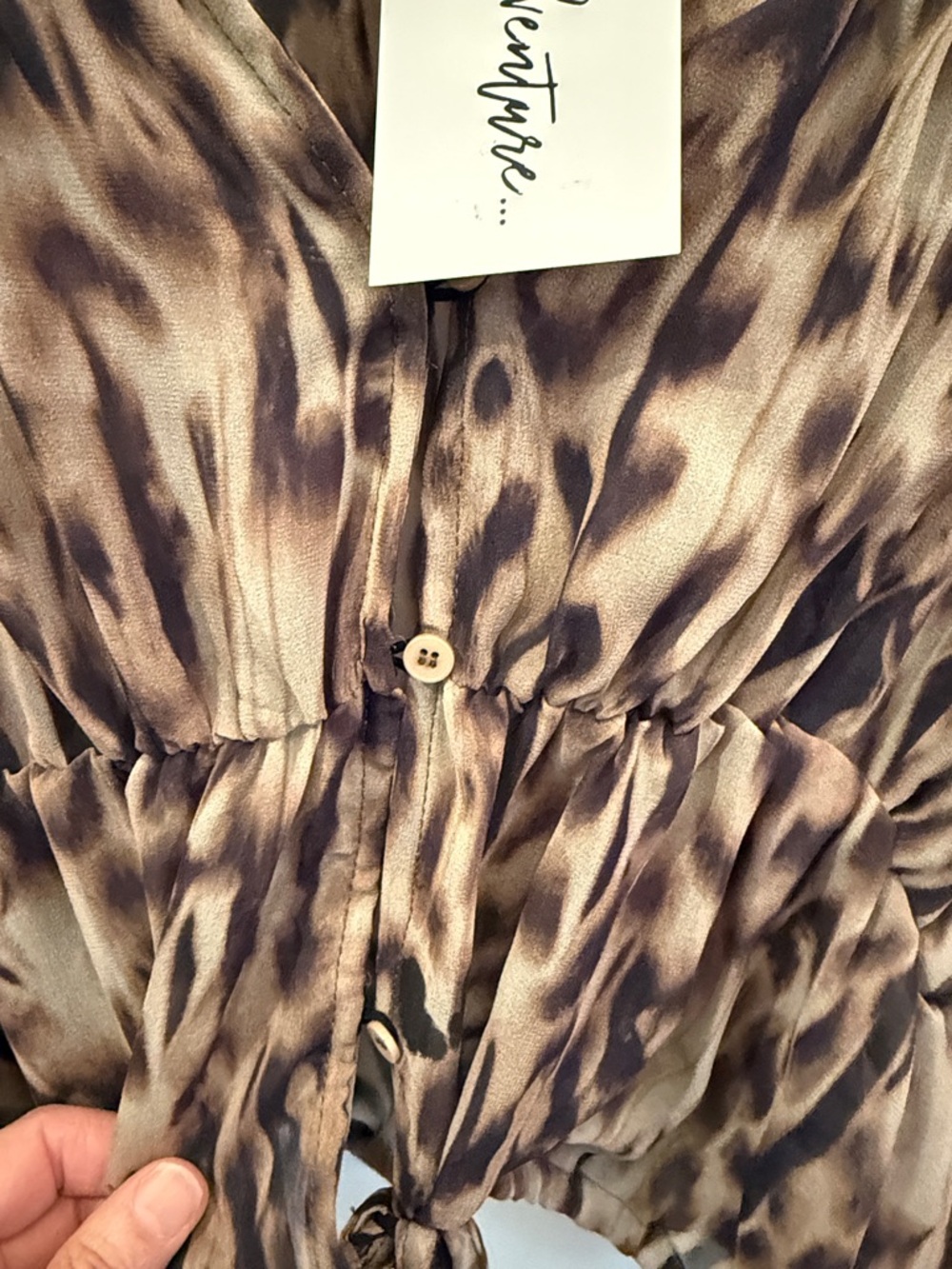 12th Tribe Leopard Print Ruffled V-Neck Blouse in Brown and Tan - Picture 5 of 16